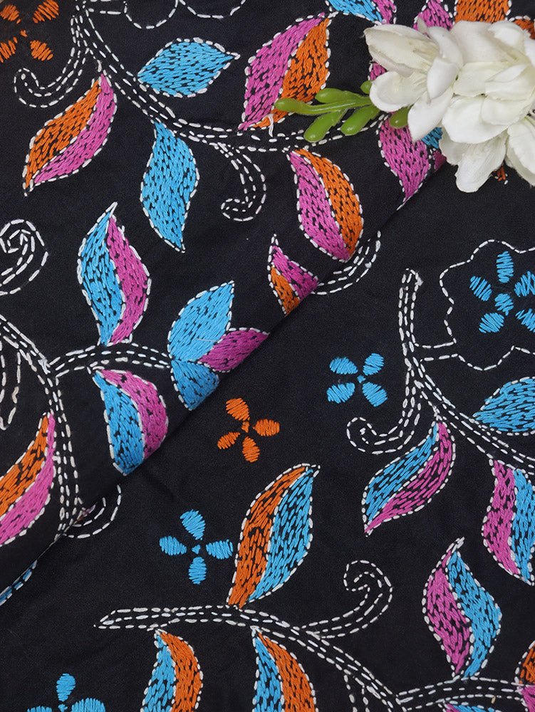 Black Hand Embroidered Kantha Silk Fabric ( 1 Mtr ) - Luxurion World