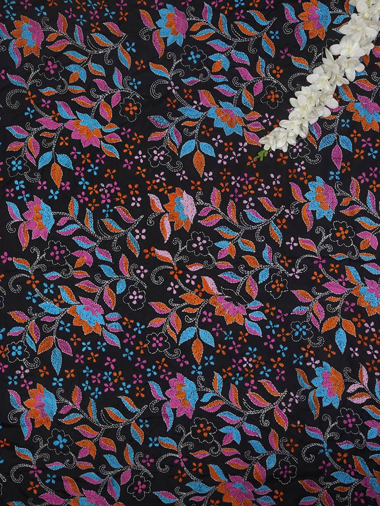 Black Hand Embroidered Kantha Silk Fabric ( 1 Mtr ) - Luxurion World