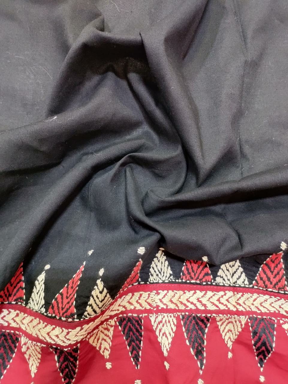 Black Hand Embroidered Kantha Work Cotton Blouse Piece ( 0.75 Mtr ) - Luxurion World