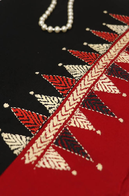 Black Hand Embroidered Kantha Work Cotton Blouse Piece ( 0.75 Mtr ) - Luxurion World