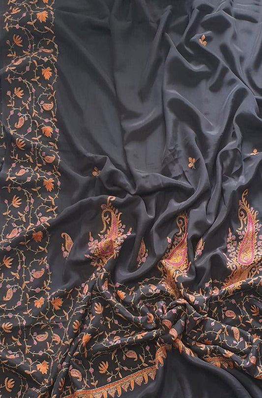 Black Hand Embroidered Kashmiri Sozni Work Crepe Saree - Luxurion World