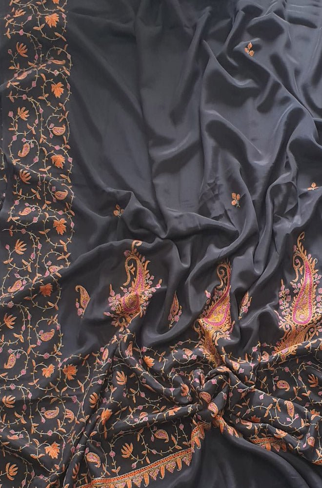 Black Hand Embroidered Kashmiri Sozni Work Crepe Saree - Luxurion World