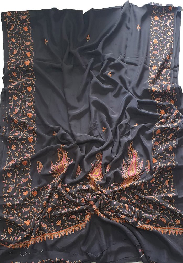 Black Hand Embroidered Kashmiri Sozni Work Crepe Saree - Luxurion World