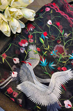 Black Hand Embroidered Parsi Convent Work Net Dupatta - Luxurion World
