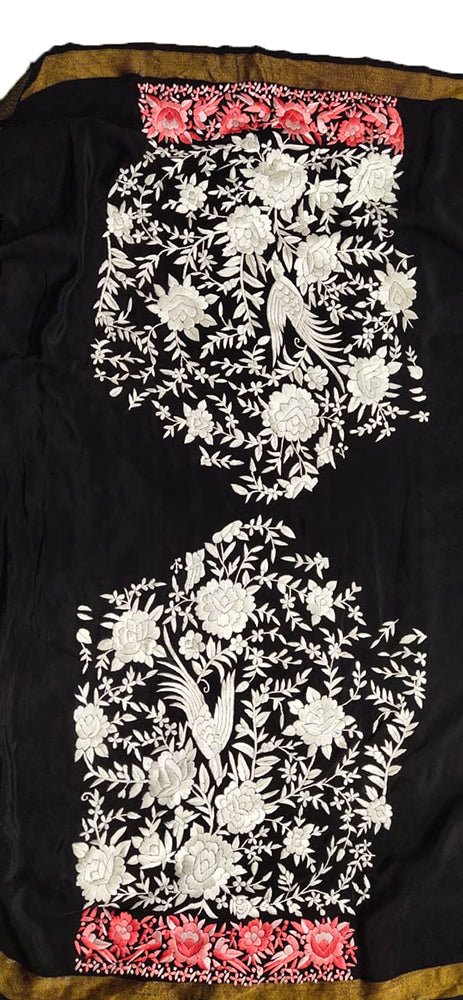 Black Hand Embroidered Parsi Crepe Kurti Fabric - Luxurion World