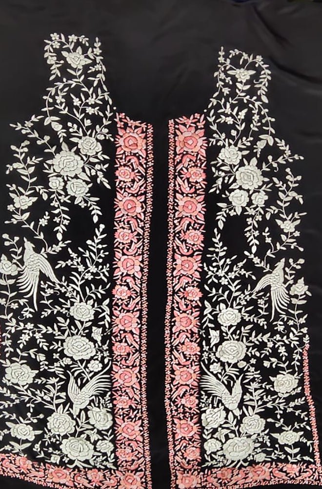 Black Hand Embroidered Parsi Crepe Kurti Fabric - Luxurion World