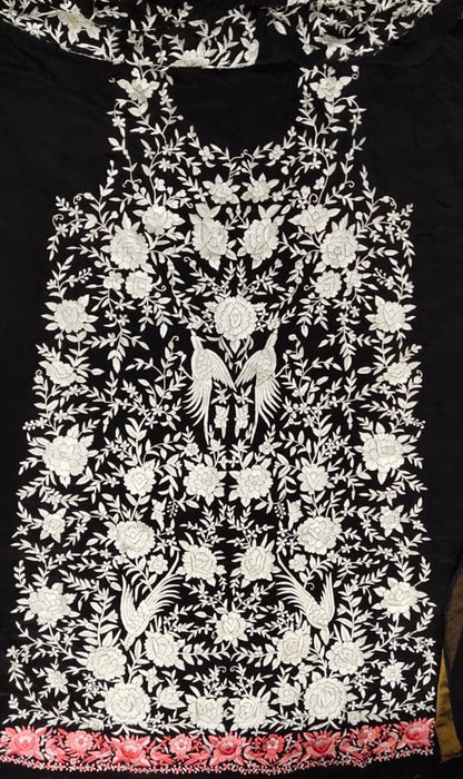 Black Hand Embroidered Parsi Crepe Kurti Fabric - Luxurion World
