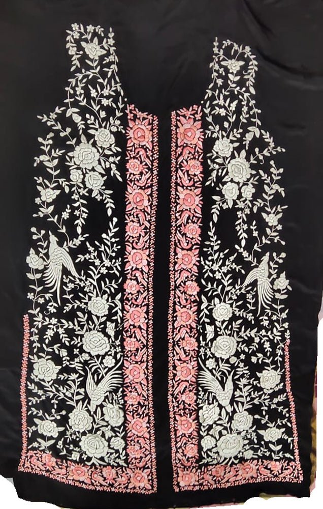 Black Hand Embroidered Parsi Crepe Kurti Fabric