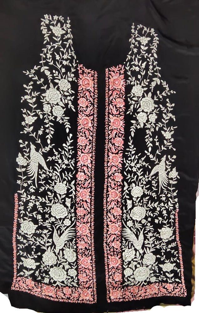 Black Hand Embroidered Parsi Crepe Kurti Fabric - Luxurion World