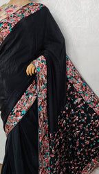 Black Hand Embroidered Parsi Gara Crepe Floral Design Saree - Luxurion World