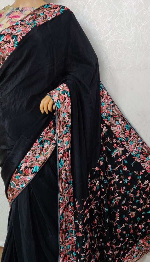 Black Hand Embroidered Parsi Gara Crepe Floral Design Saree - Luxurion World