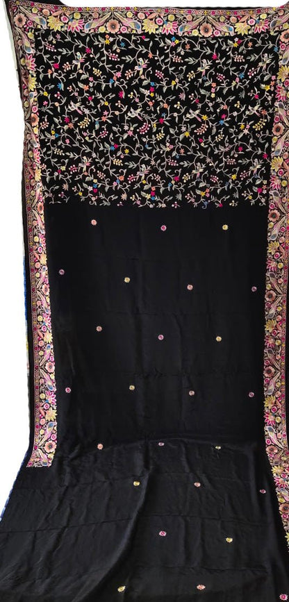 Black Hand Embroidered Parsi Gara Crepe Floral Design Saree