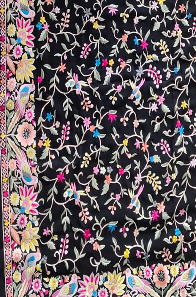 Black Hand Embroidered Parsi Gara Crepe Floral Design Saree - Luxurion World