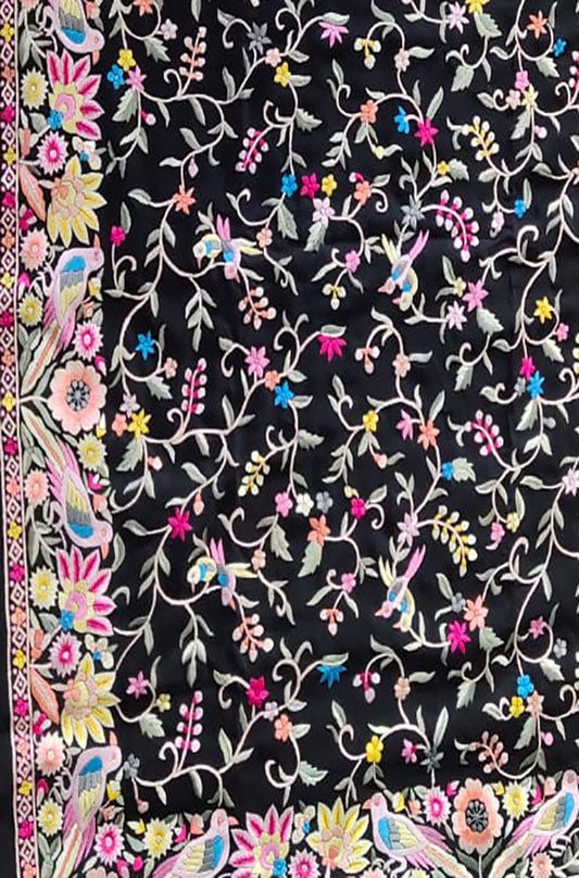 Black Hand Embroidered Parsi Gara Crepe Floral Design Saree - Luxurion World