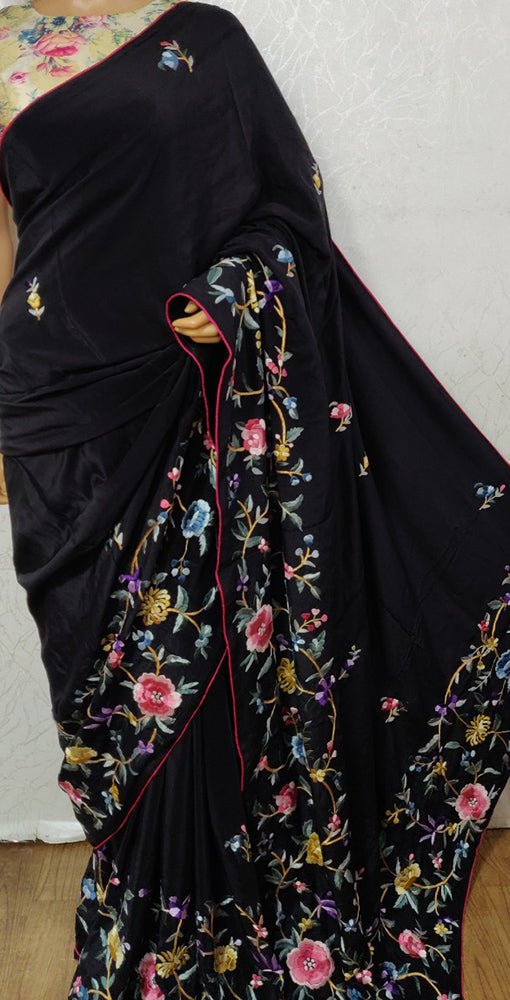 Black Hand Embroidered Parsi Gara Crepe Floral Design Saree - Luxurion World