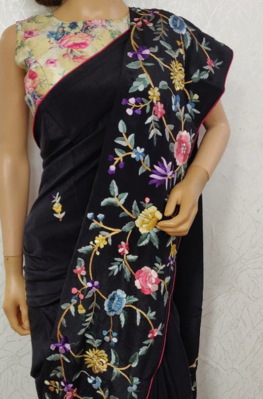 Black Hand Embroidered Parsi Gara Crepe Floral Design Saree - Luxurion World