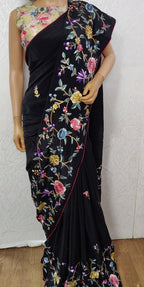 Black Hand Embroidered Parsi Gara Crepe Floral Design Saree - Luxurion World
