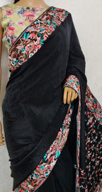 Black Hand Embroidered Parsi Gara Crepe Floral Design Saree - Luxurion World