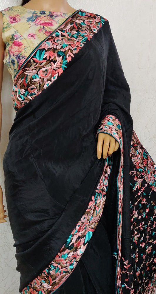 Black Hand Embroidered Parsi Gara Crepe Floral Design Saree - Luxurion World