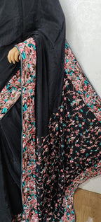 Black Hand Embroidered Parsi Gara Crepe Floral Design Saree - Luxurion World