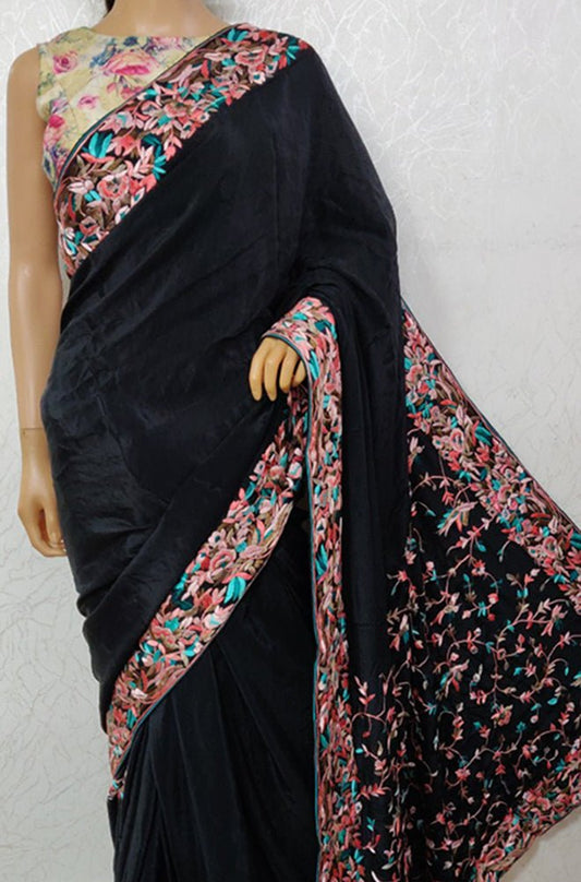 Black Hand Embroidered Parsi Gara Crepe Floral Design Saree - Luxurion World
