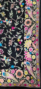 Black Hand Embroidered Parsi Gara Crepe Floral Design Saree - Luxurion World