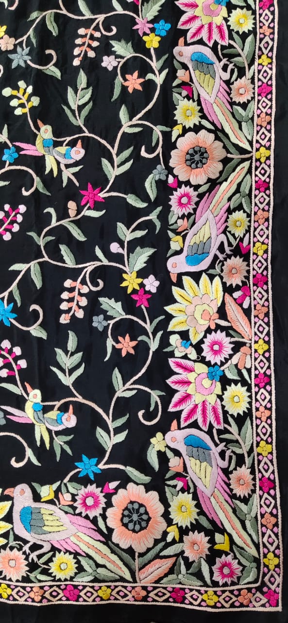 Black Hand Embroidered Parsi Gara Crepe Floral Design Saree - Luxurion World