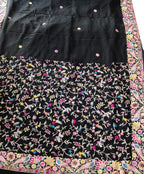 Black Hand Embroidered Parsi Gara Crepe Floral Design Saree - Luxurion World