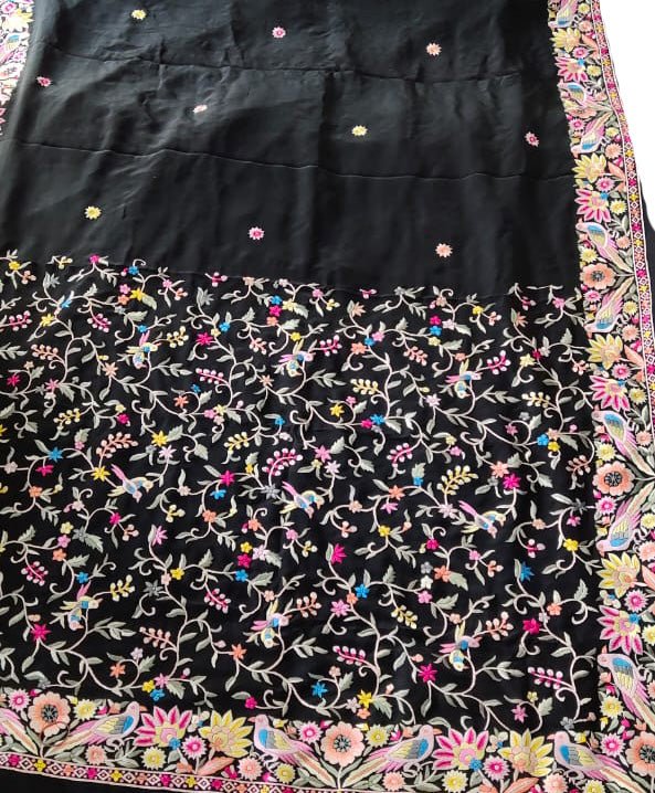 Black Hand Embroidered Parsi Gara Crepe Floral Design Saree - Luxurion World