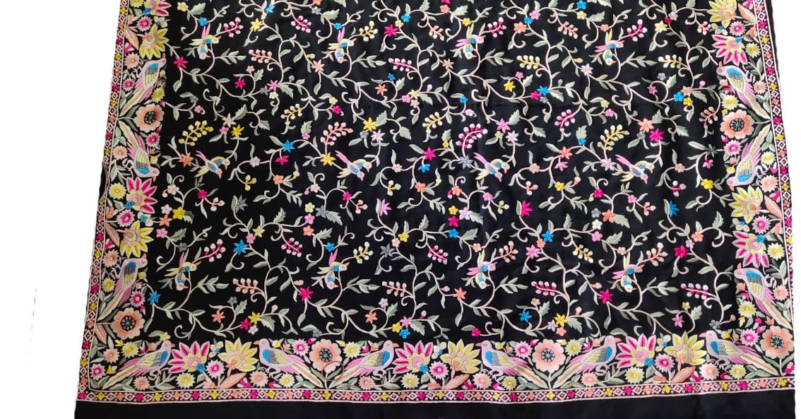 Black Hand Embroidered Parsi Gara Crepe Floral Design Saree - Luxurion World