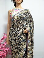 Black Hand Embroidered Parsi Gara Georgette Floral And Bird Design Saree - Luxurion World