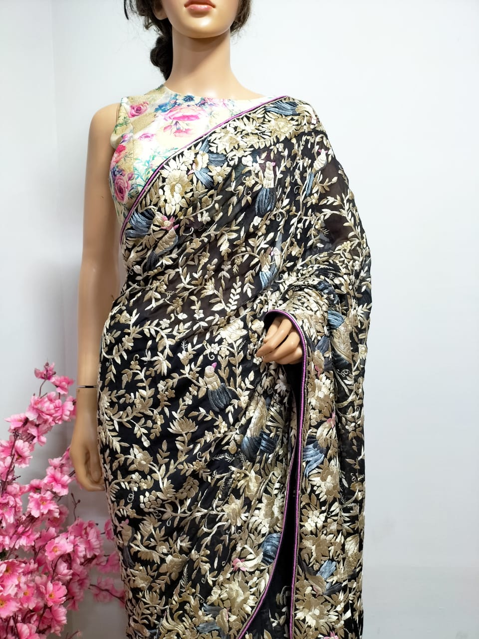 Black Hand Embroidered Parsi Gara Georgette Floral And Bird Design Saree - Luxurion World