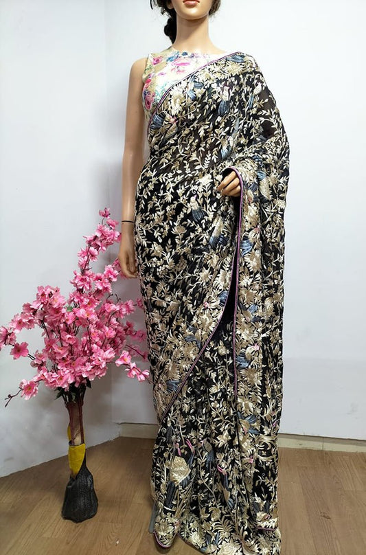 Black Hand Embroidered Parsi Gara Georgette Floral And Bird Design Saree - Luxurion World
