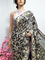 Black Hand Embroidered Parsi Gara Georgette Floral And Bird Design Saree - Luxurion World