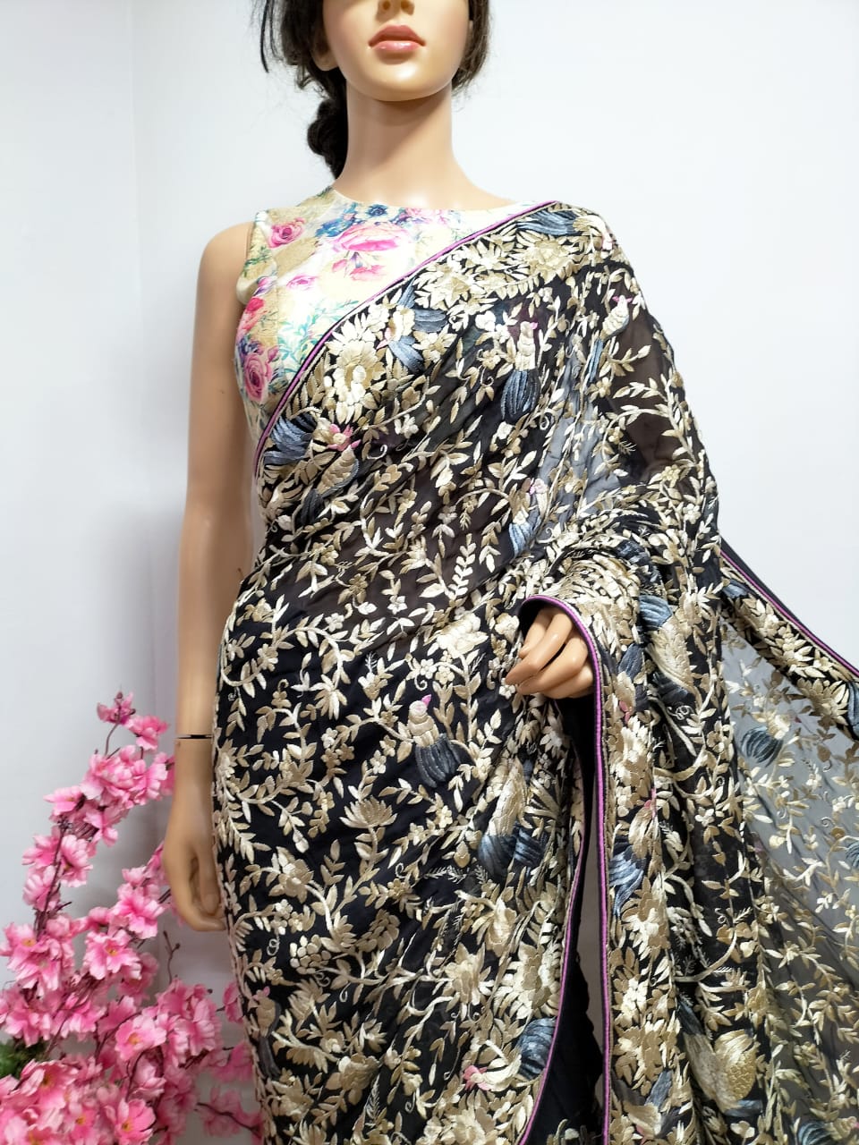 Black Hand Embroidered Parsi Gara Georgette Floral And Bird Design Saree - Luxurion World