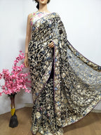 Black Hand Embroidered Parsi Gara Georgette Floral And Bird Design Saree - Luxurion World