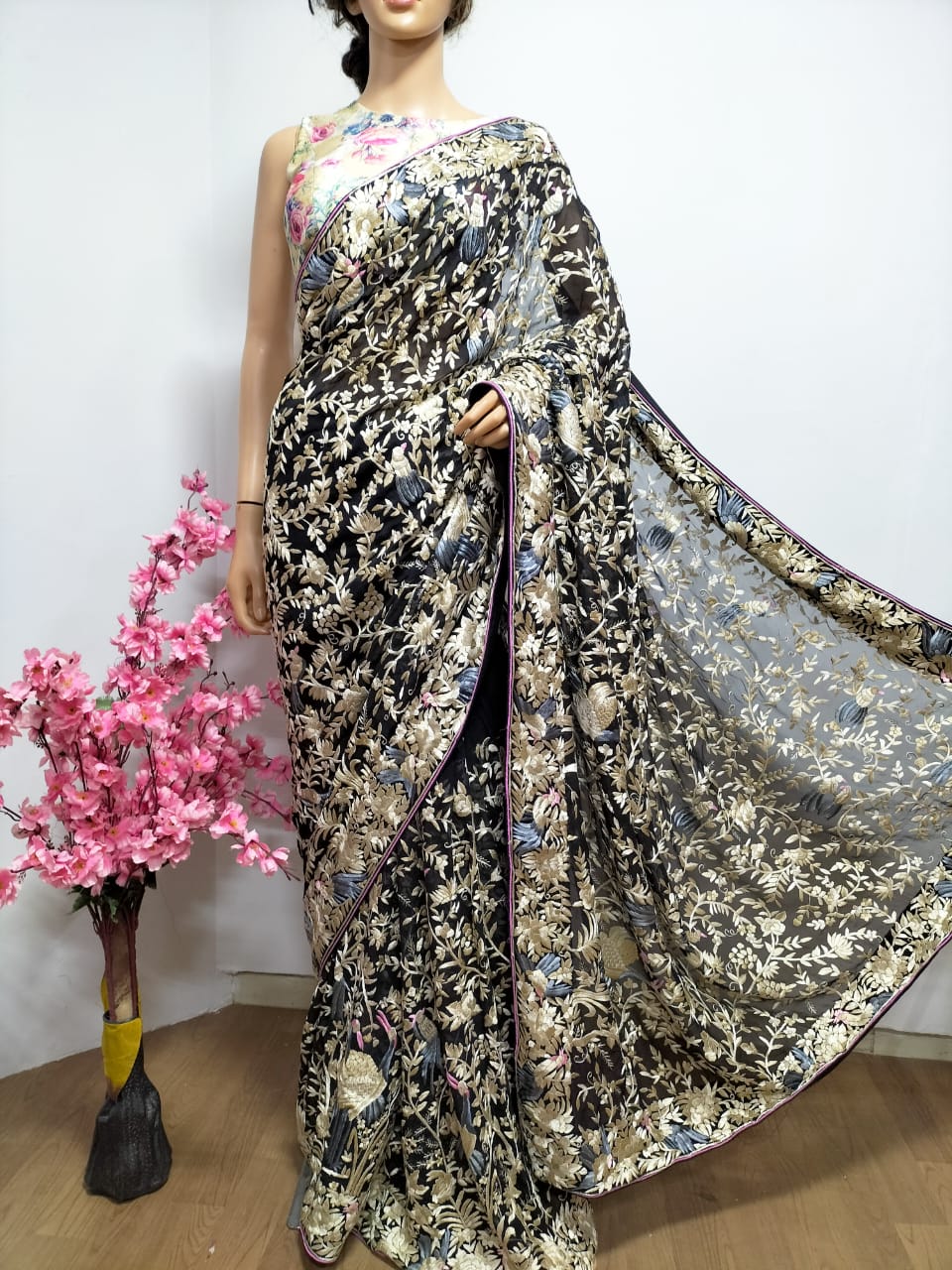 Black Hand Embroidered Parsi Gara Georgette Floral And Bird Design Saree - Luxurion World