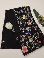 Black Hand Embroidered Parsi Gara Pure Crepe Saree - Luxurion World
