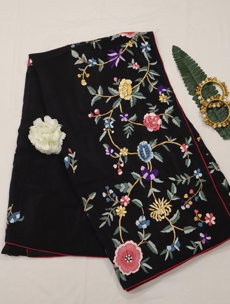 Black Hand Embroidered Parsi Gara Pure Crepe Saree - Luxurion World
