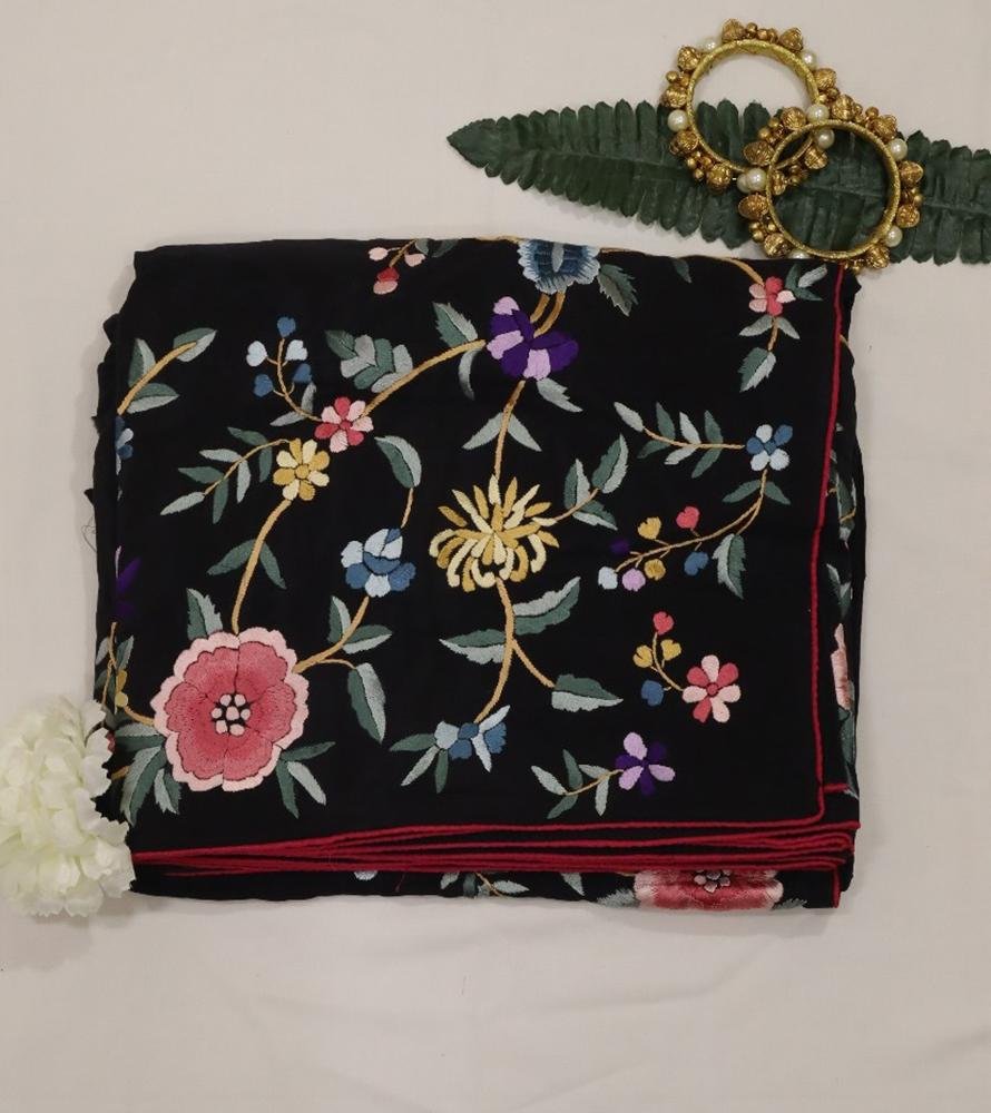 Black Hand Embroidered Parsi Gara Pure Crepe Saree - Luxurion World
