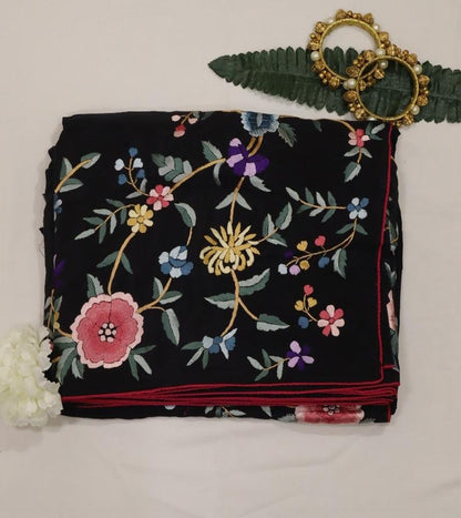 Black Hand Embroidered Parsi Gara Pure Crepe Saree - Luxurion World