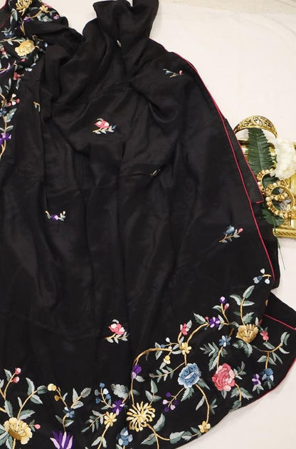 Black Hand Embroidered Parsi Gara Pure Crepe Saree - Luxurion World