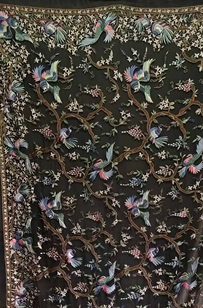 Black Hand Embroidered Parsi Gara Pure Georgette Bird Design Saree - Luxurion World