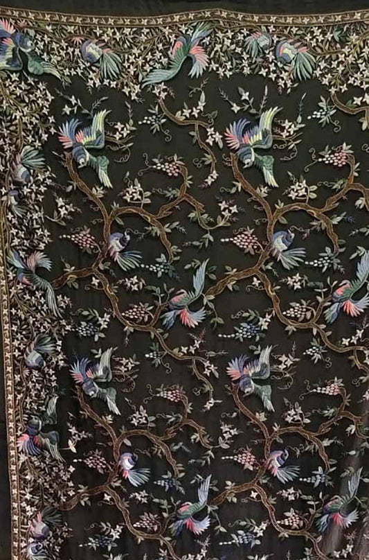 Black Hand Embroidered Parsi Gara Pure Georgette Bird Design Saree - Luxurion World