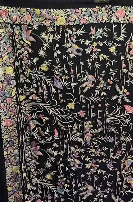 Black Hand Embroidered Parsi Gara Pure Georgette Bird Design Saree - Luxurion World