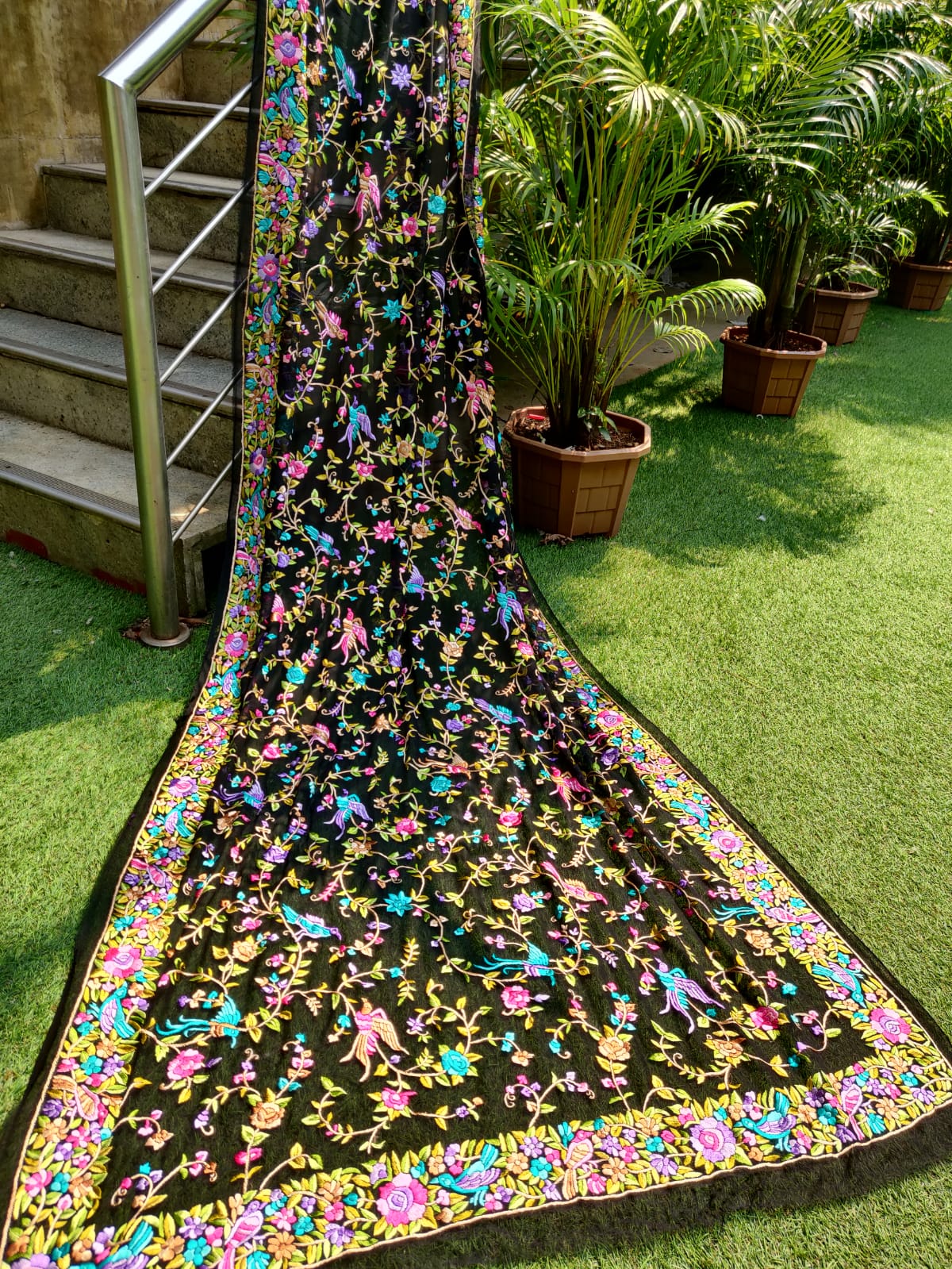 Black Hand Embroidered Parsi Gara Pure Georgette Dupatta - Luxurion World