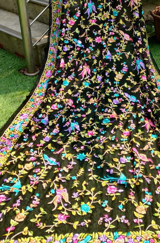 Black Hand Embroidered Parsi Gara Pure Georgette Dupatta - Luxurion World