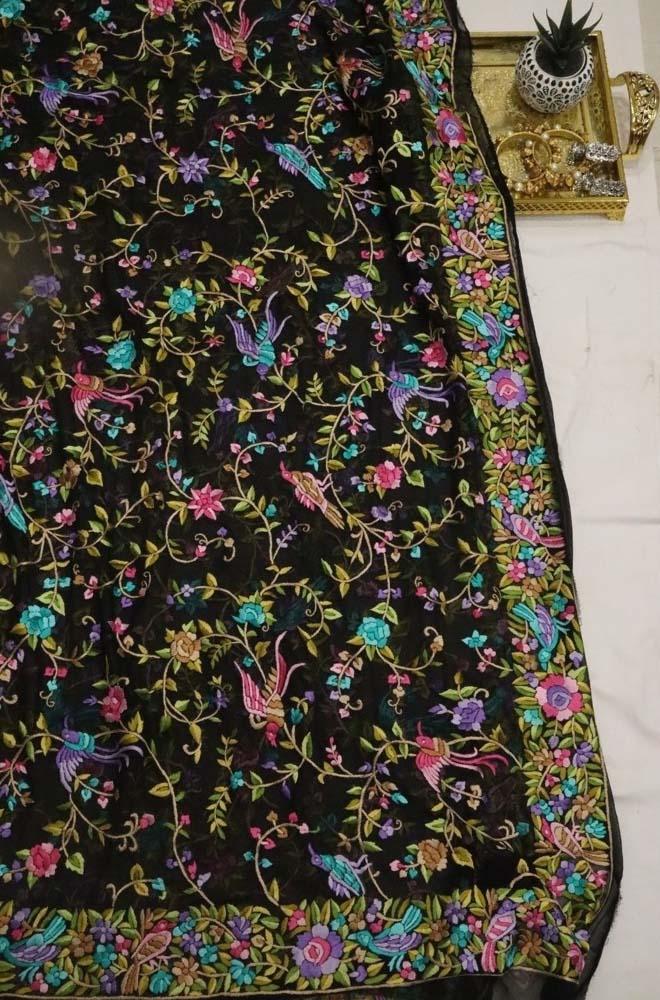 Black Hand Embroidered Parsi Gara Pure Georgette Dupatta - Luxurion World