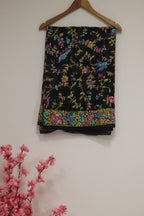 Black Hand Embroidered Parsi Gara Pure Georgette Dupatta - Luxurion World
