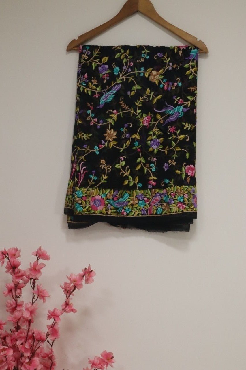 Black Hand Embroidered Parsi Gara Pure Georgette Dupatta - Luxurion World